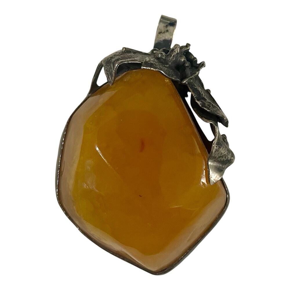 Vintage Baltic Amber Artisan Pendant Sterling Silver Frame Floral Leaf Motif 2”